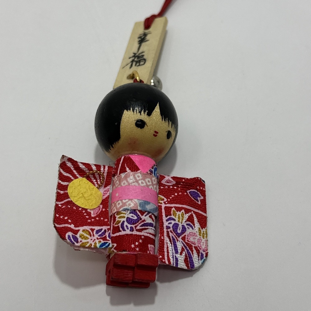 Vintage Japanese Kokeshi Girl Keychain Wood Purse Fob Charm Ornament Red Kimono